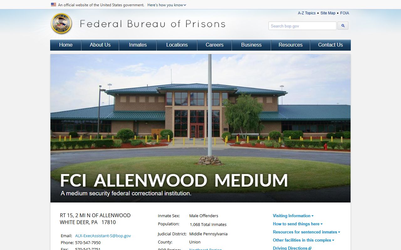 FCI Allenwood Medium BOP inmate facility page