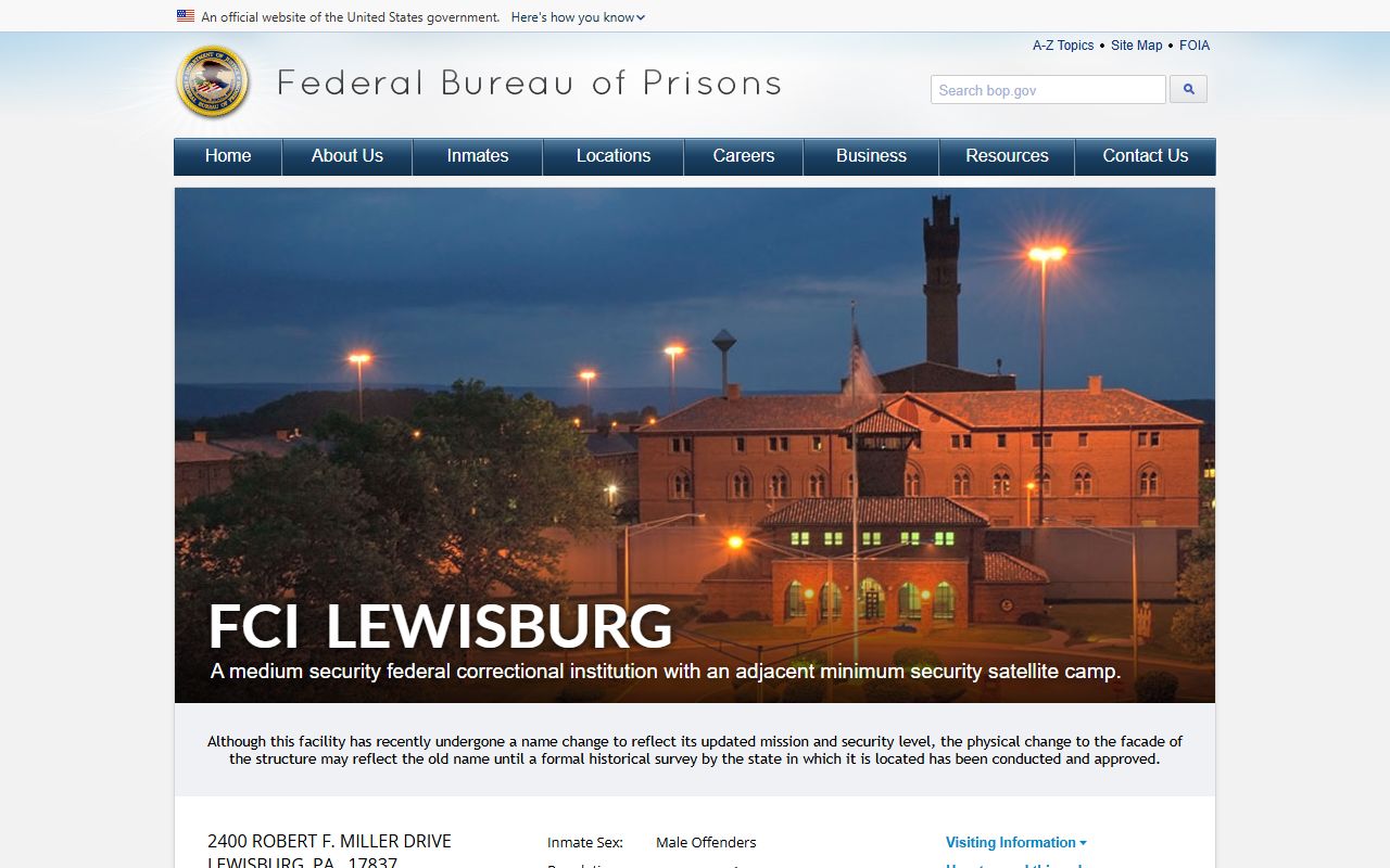 FCI Lewisburg federal inmate facility page