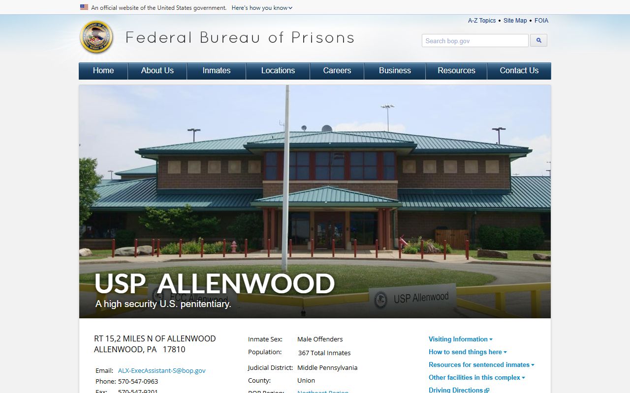 USP Allenwood federal custody and inmate facility page