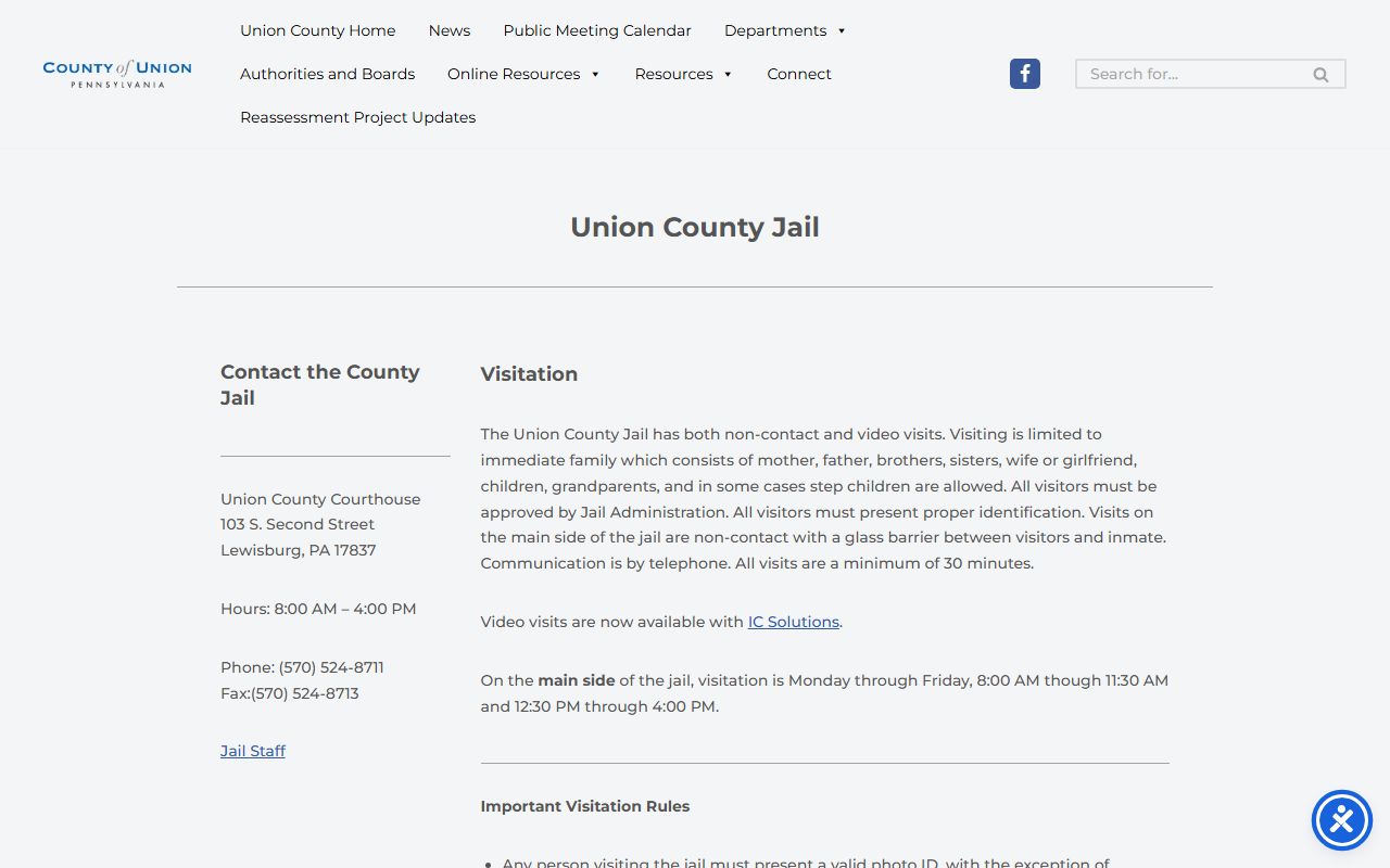 Union County Jail custody information and visitation page