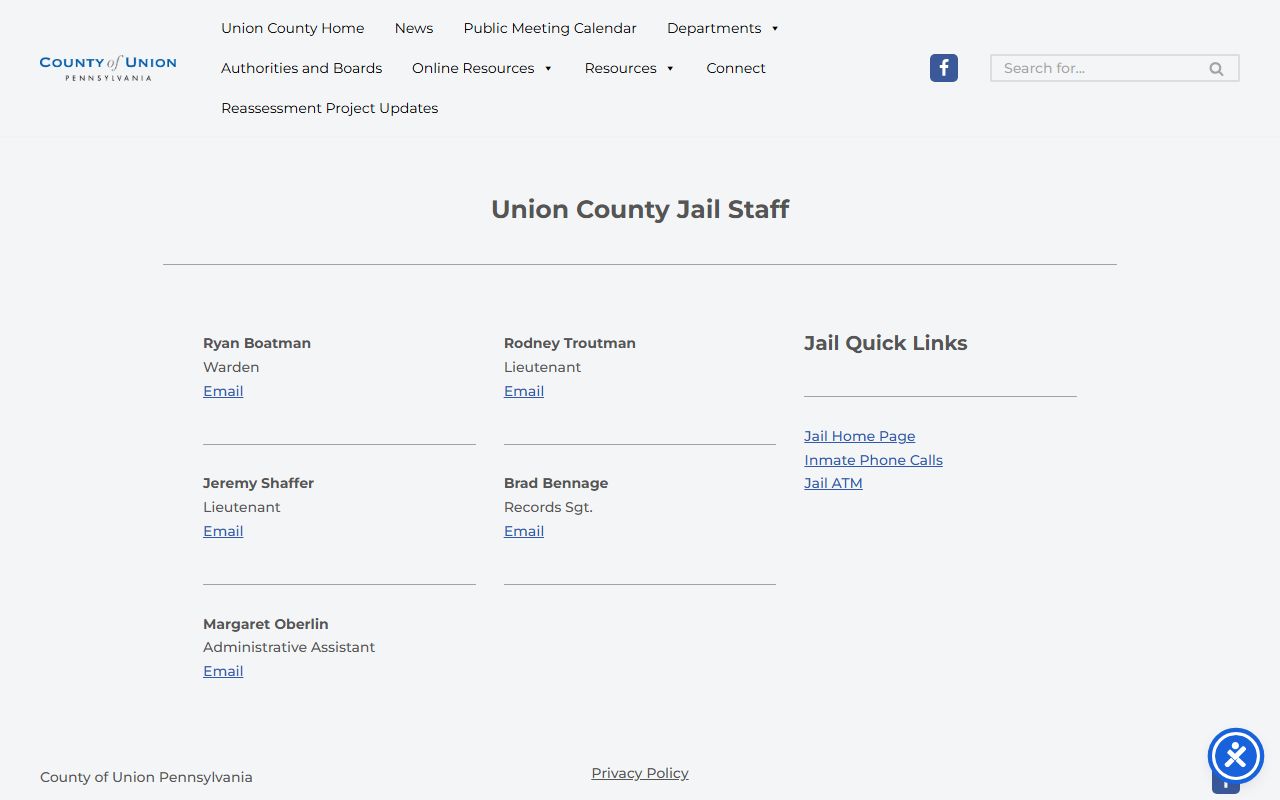Union County Jail staff and records contact page